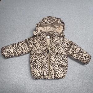 H&M Girls Leopard Print Puffer Jacket Size 2T with Removable Hood